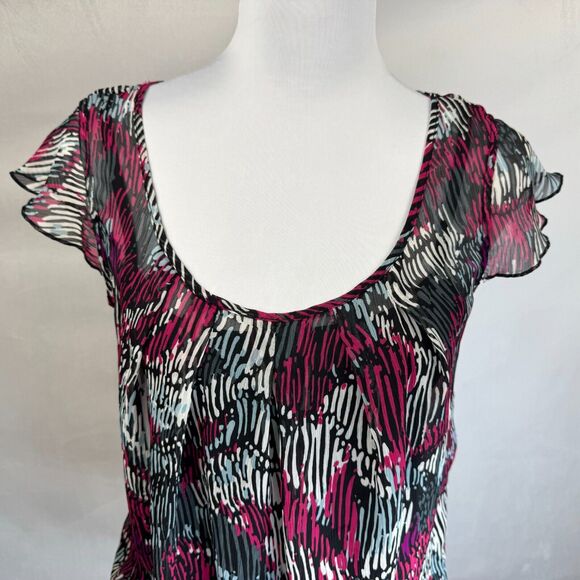 BCX Sheer Top Women Sz M Black with Fucsia White Print Over Cami Tank Ruched Hem - Picture 3 of 8